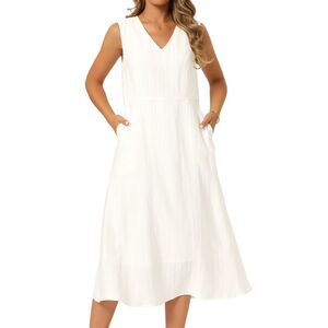 Women's Linen Dress Summer V Neck Casual Tank Midi Dress Beige